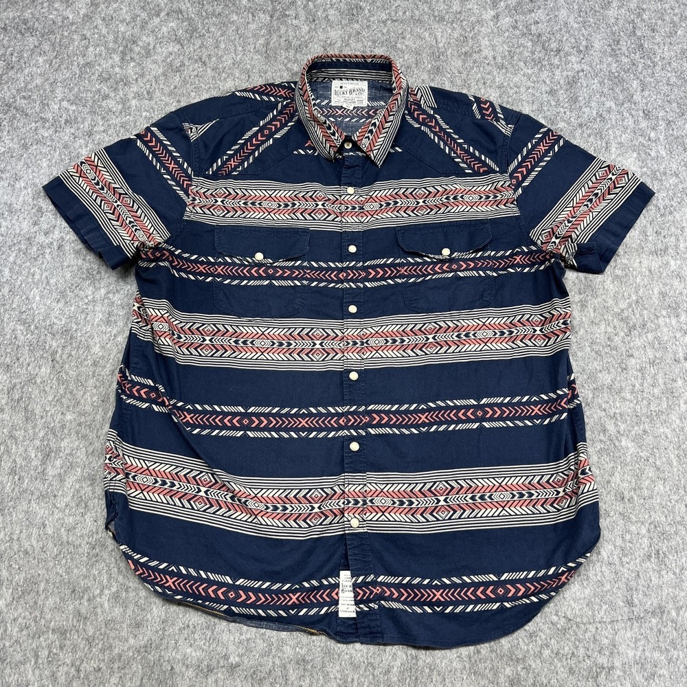 Lucky Brand Shirt Mens Large Blue Aztec Stripe Short Sleeve Snap Button Western